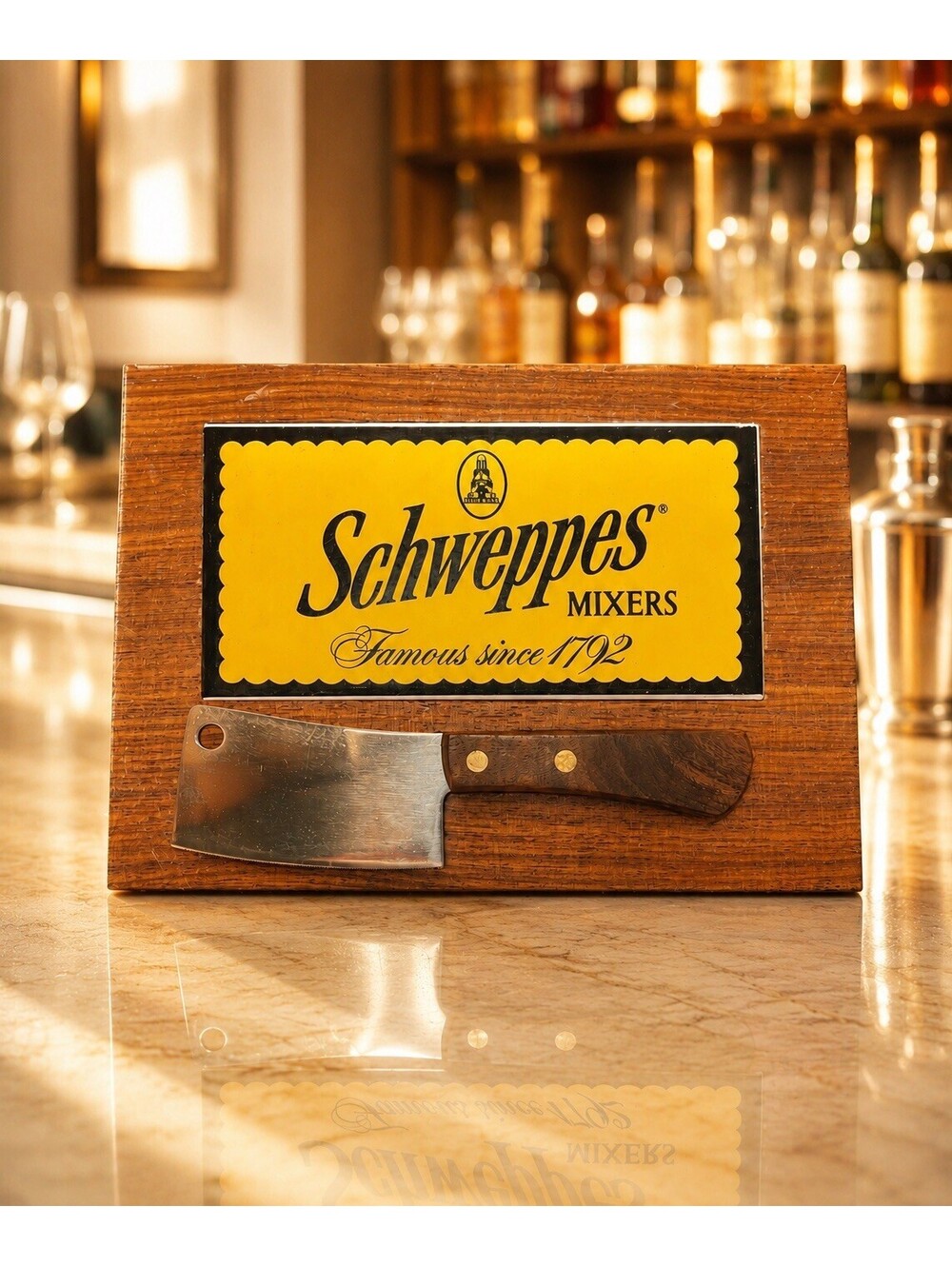 Schweppes 1970s Mixers Promotional Bar Set Mini Cheese Cleaver Wood Plaque, 8x6”